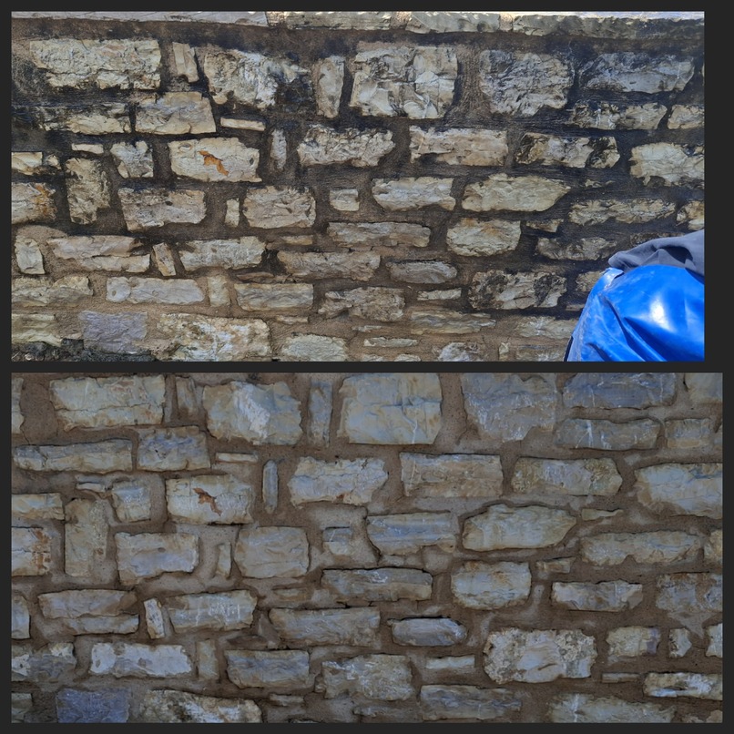 Before and after hydro-sandblasting on stone wall